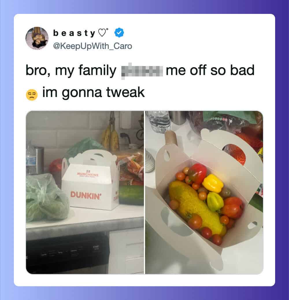 Funny fail with a Dunkin' Donuts box and a fruit box with a cucumber and tomatoes.