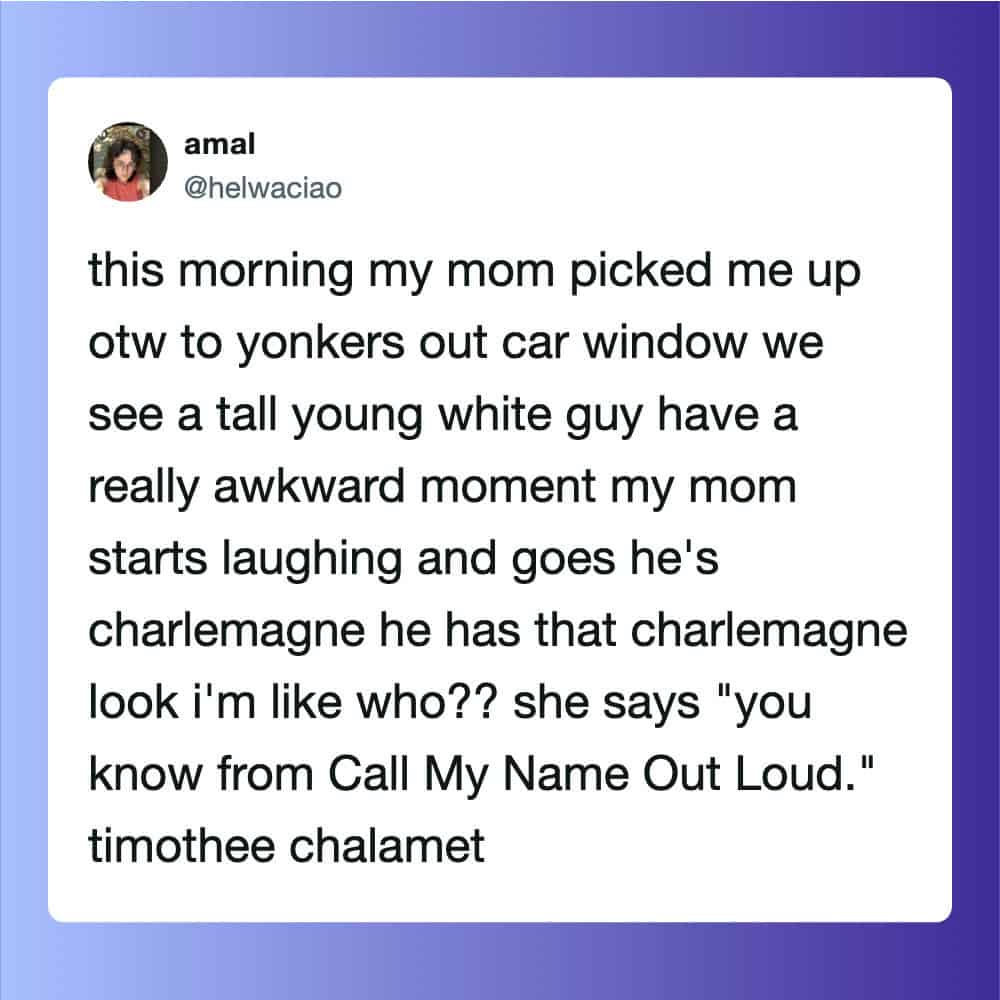 A social media post about a funny moment involving a tall white man and a Charlemagne look.