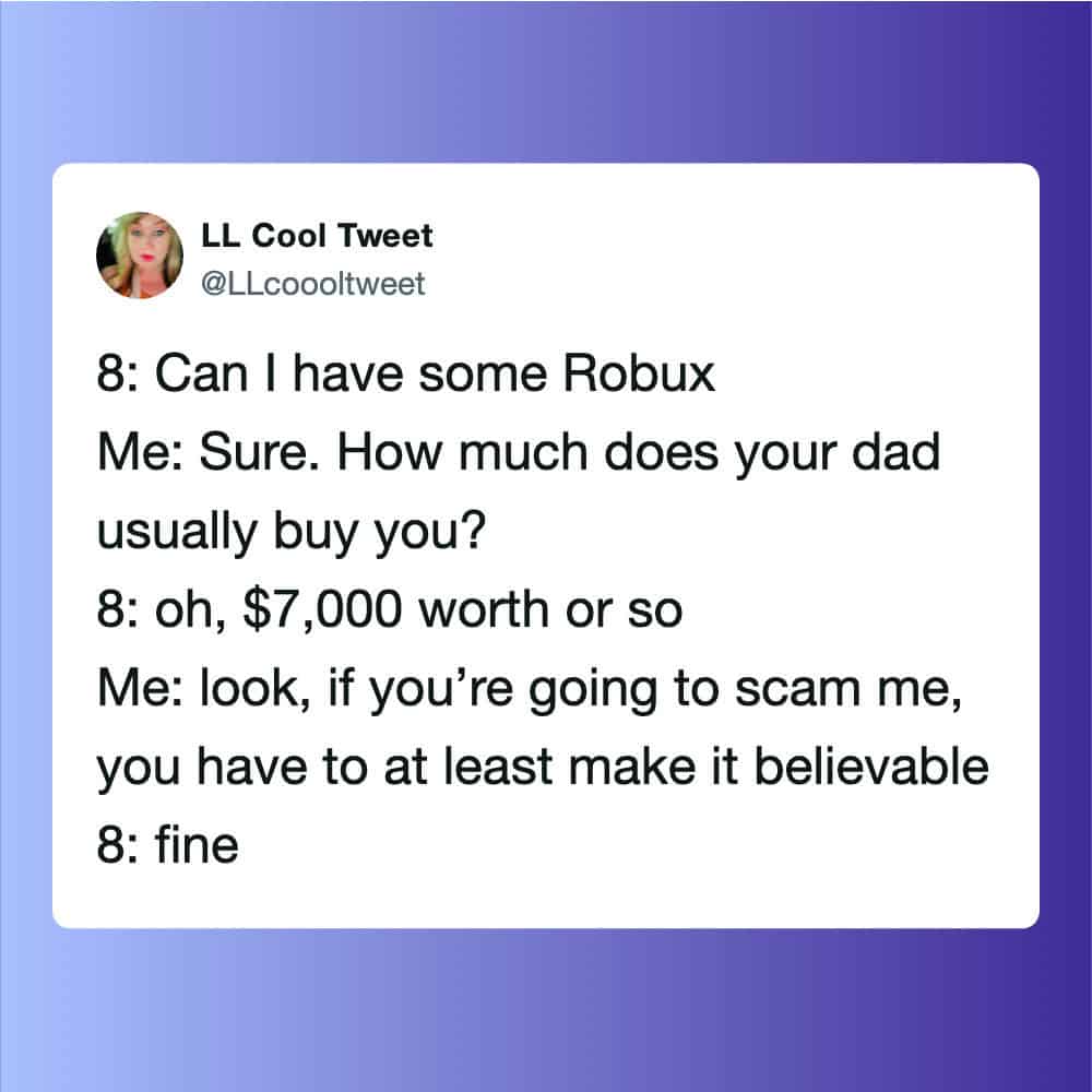 A humorous text conversation about Robux and a scam.