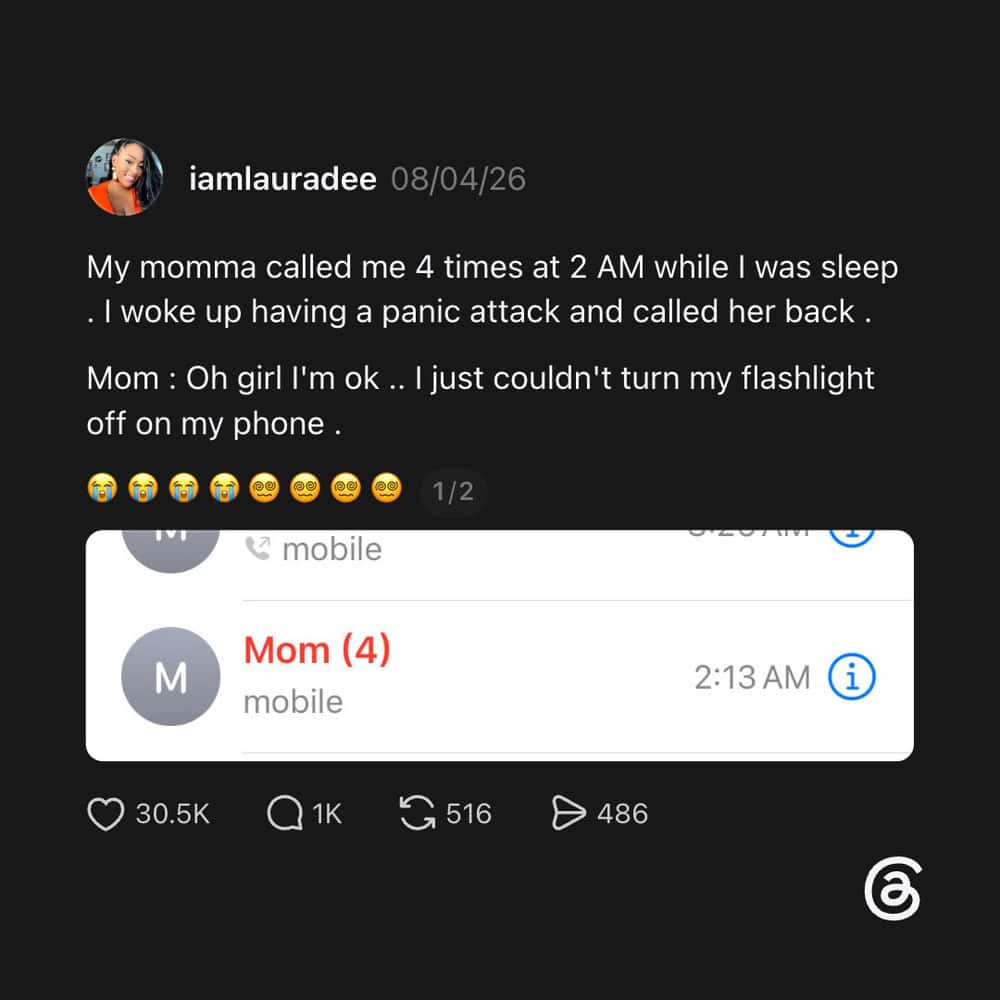 Social media post about a mom calling four times at 2 AM during a panic attack.