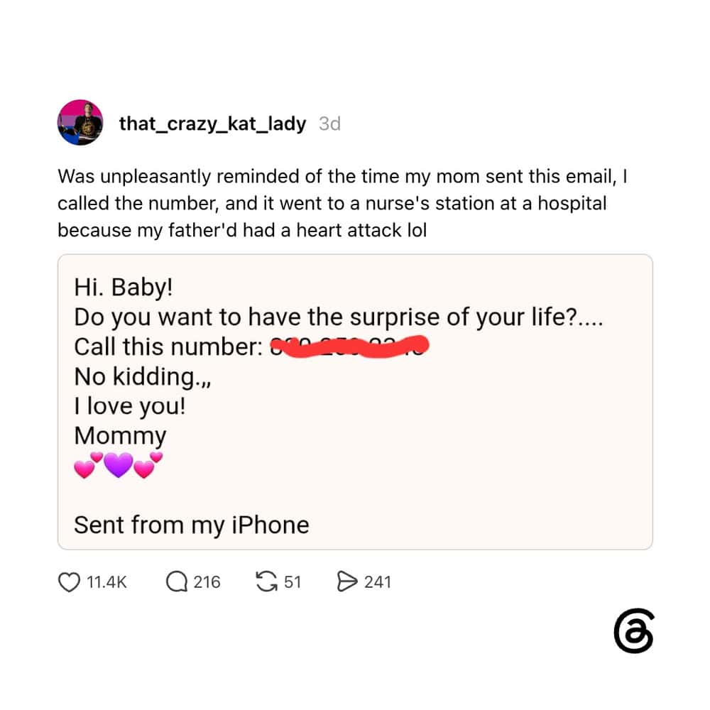 Screenshot of a text message from a mother to her baby, with a redacted phone number.