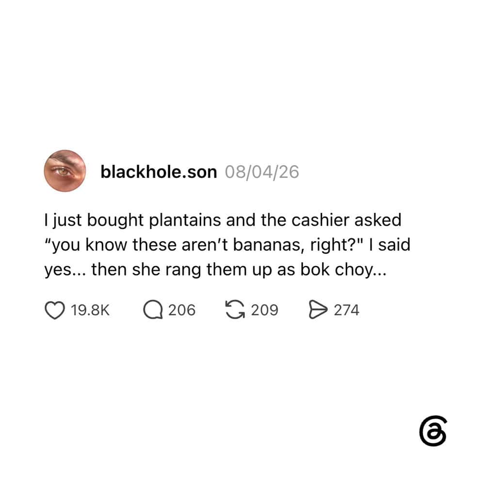 A social media post about buying plantains and a cashier confusing them with bananas.