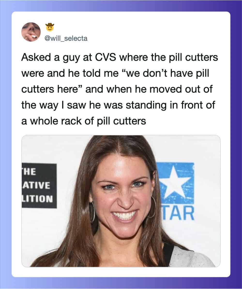 Woman smiling in front of a CVS sign with a tweet about pill cutters.