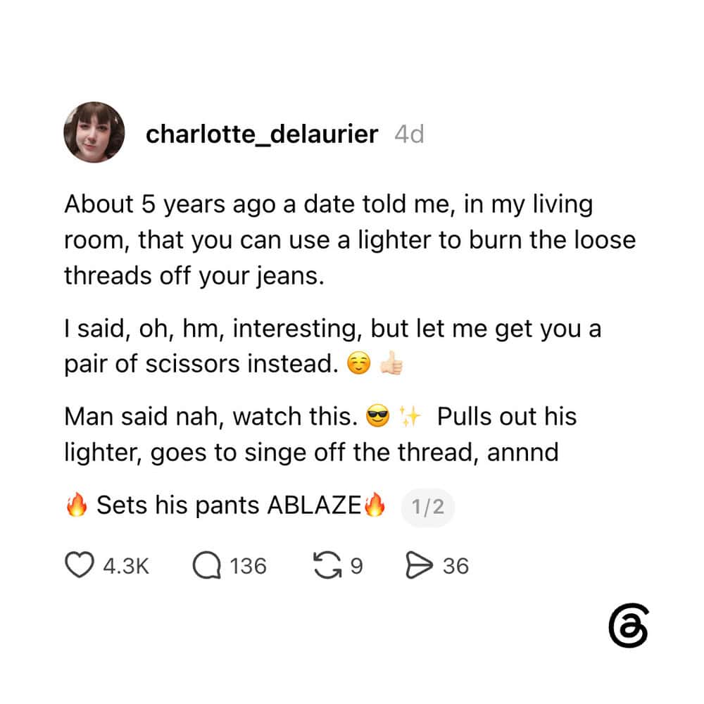 A TikTok post about a funny incident involving a lighter and jeans.