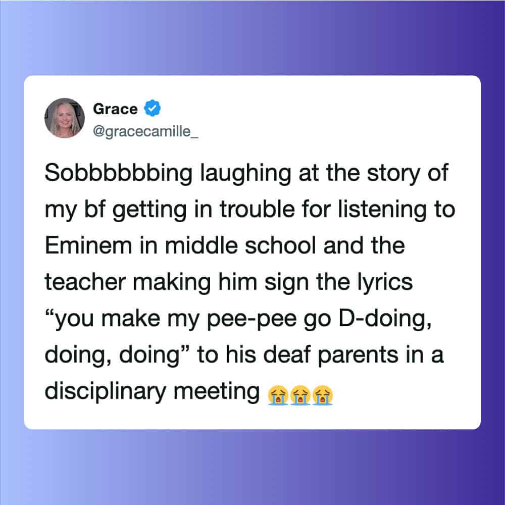 Social media post about a funny story involving Eminem and a deaf parent.