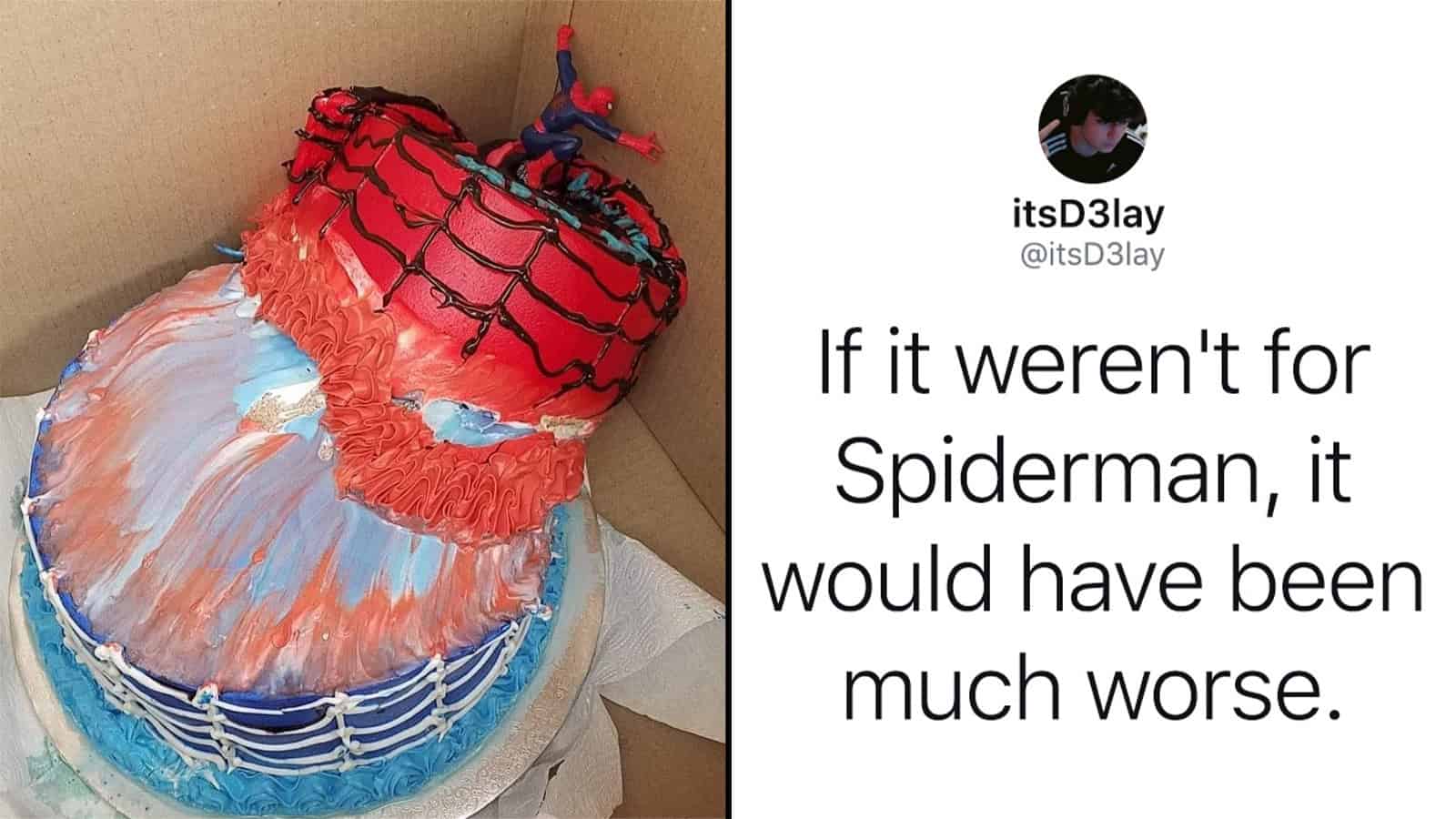 Cake designed as Spider-Man with red, blue, and black icing, and a web pattern.
