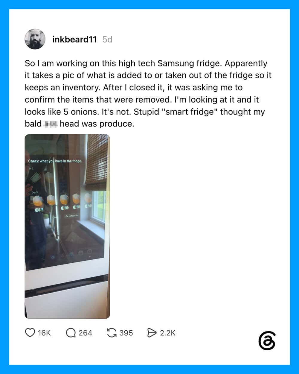 Samsung fridge with five onions inside, looking like a smart fridge.