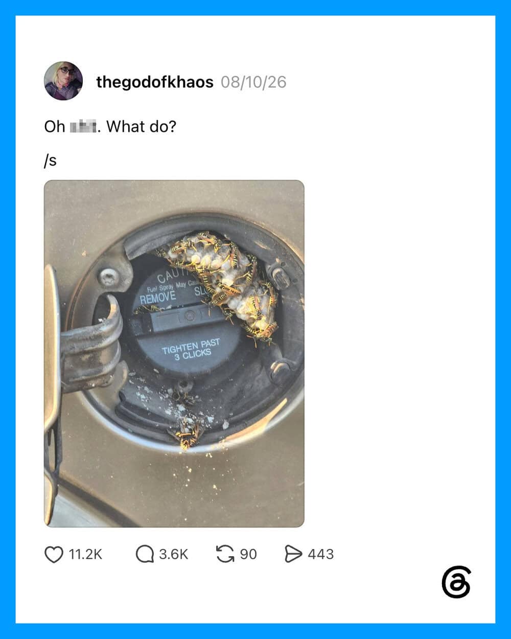 Charred insect on a car's fuel cap with warning labels visible.