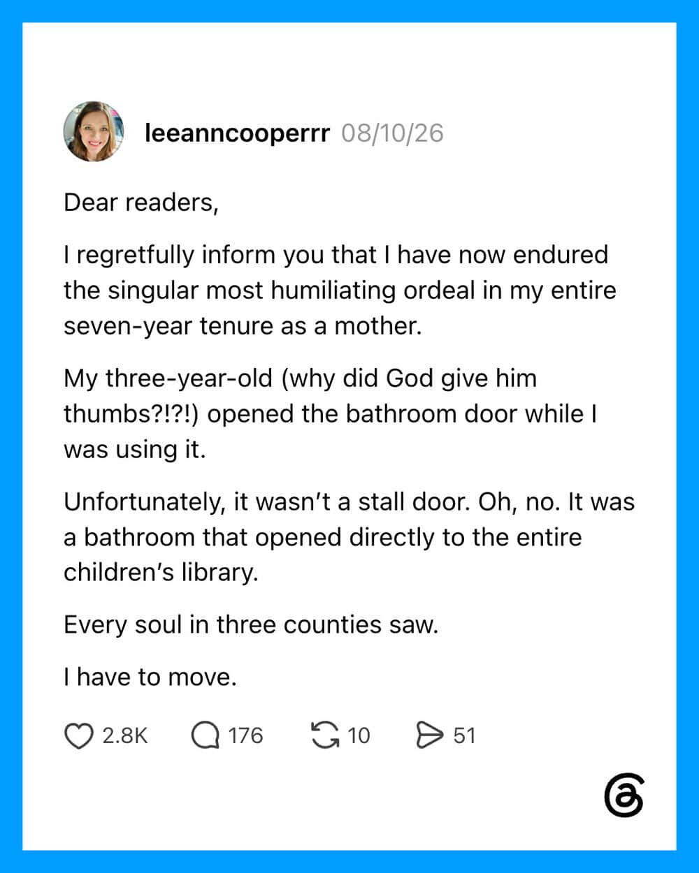 A humorous social media post about a child's bathroom door opening into a children's library.