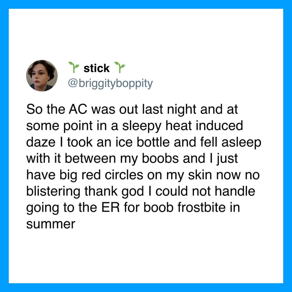 A social media post about falling asleep with an ice bottle on skin.