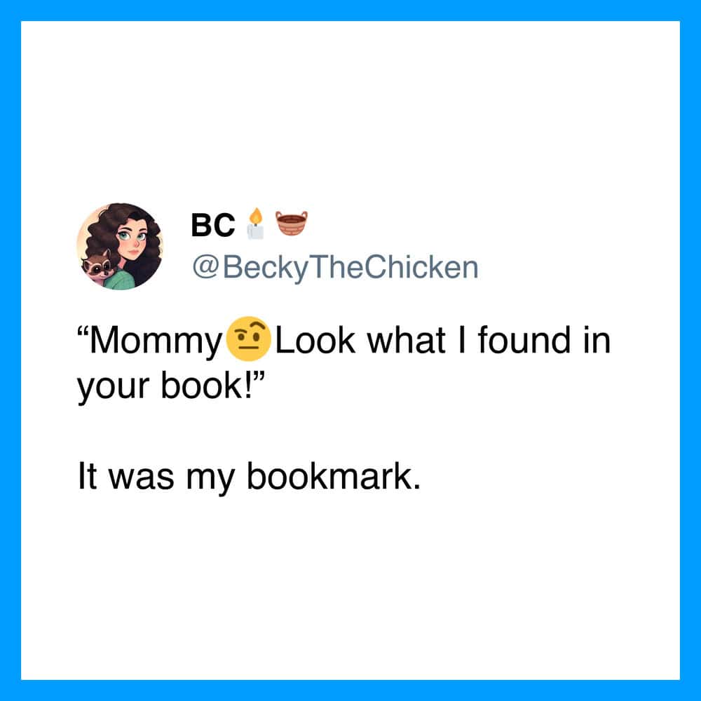 Twitter post by BC @BeckyTheChicken about a bookmark found in a book.