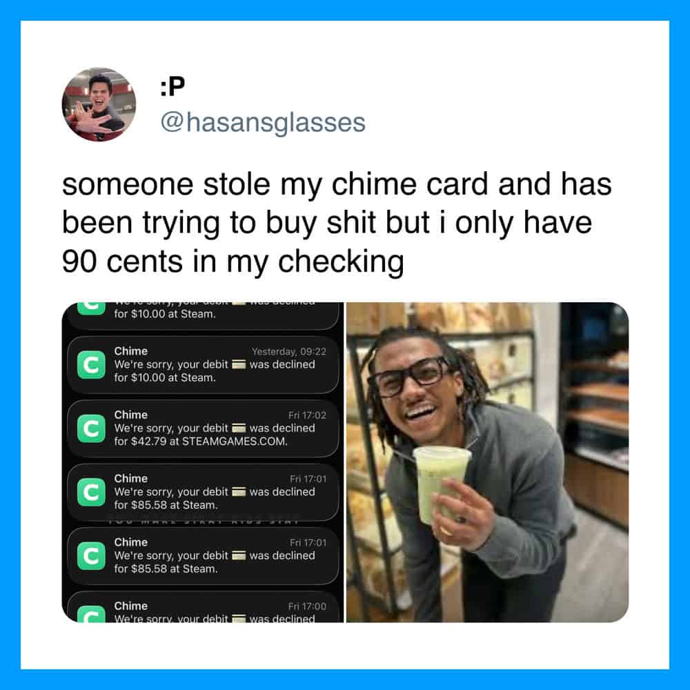Person holding a green drink with multiple declined payment notifications on phone.