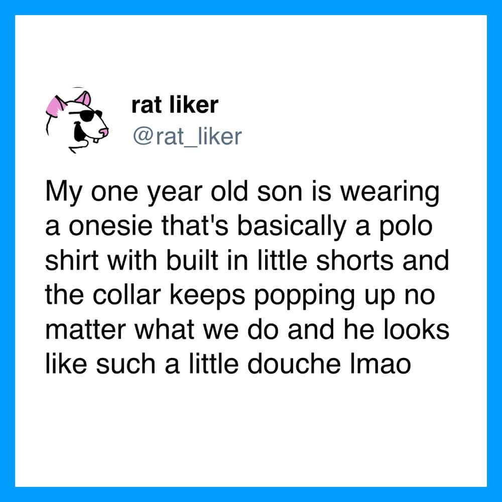 Twitter post about a one-year-old wearing a polo shirt with built-in shorts.