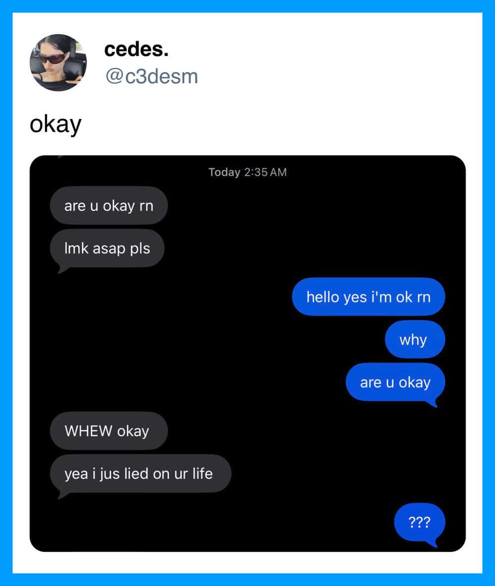 Text conversation about being okay, with humorous responses and confusion.