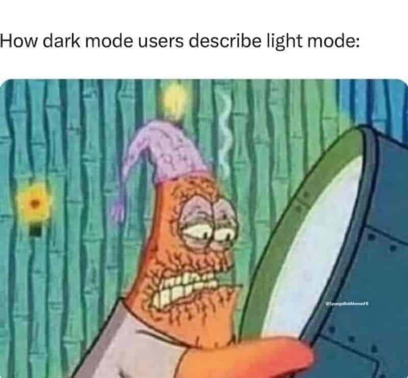 Dark mode users describe light mode as shown in the meme image.