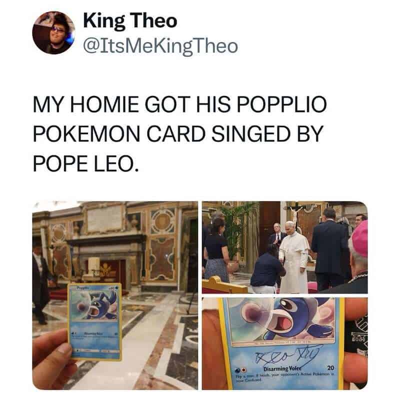 Photo of a Popplio Pokémon card signed by Pope Leo, with a church background.
