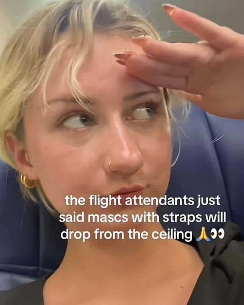 Young woman with blonde hair saluting, with text about masks dropping from ceiling.