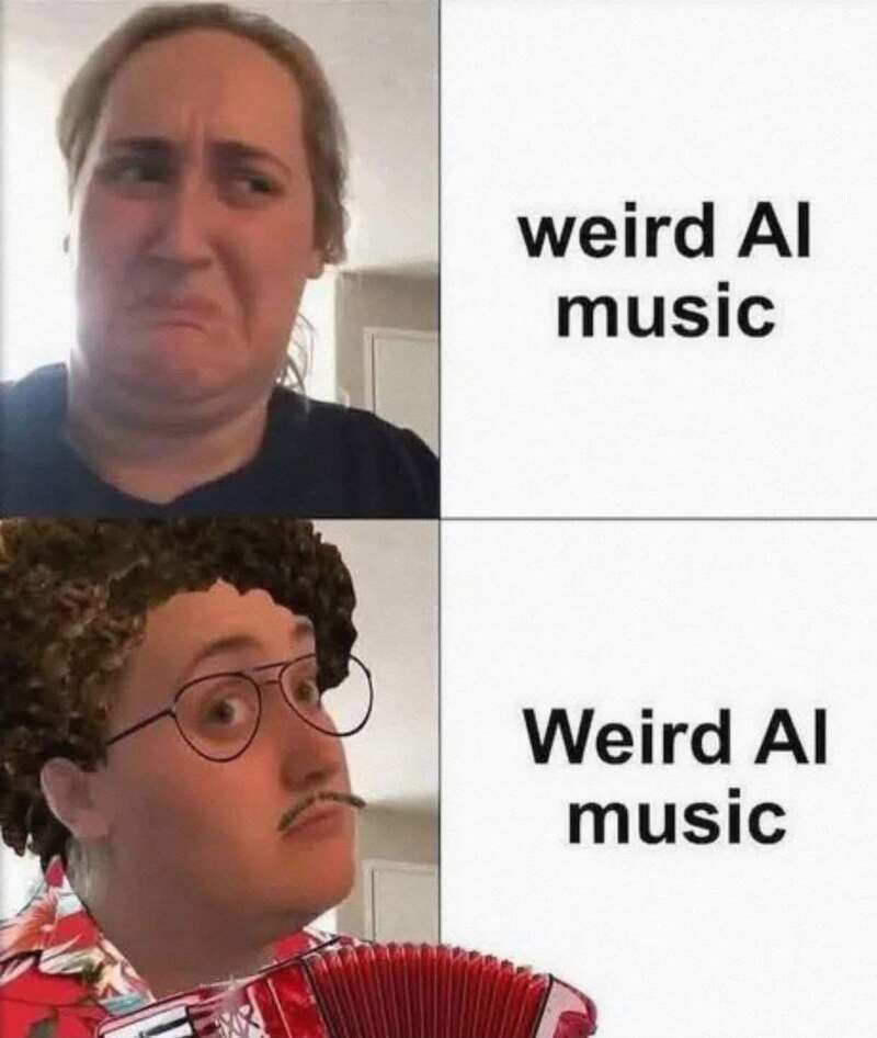Two images with text: 'weird AI music' and 'Weird AI music' with humorous faces.