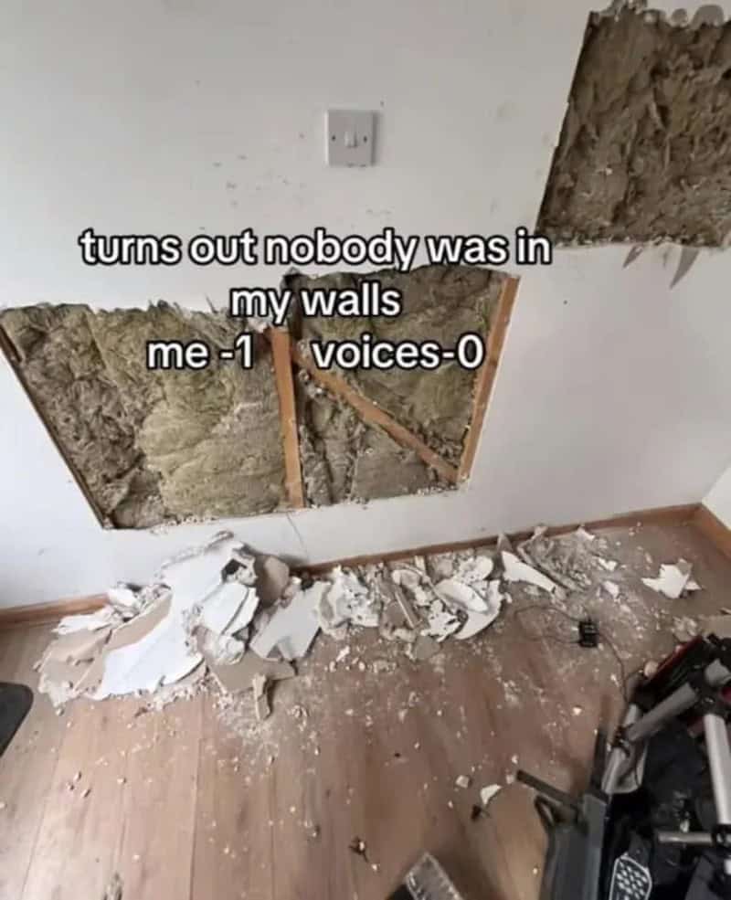 Wall with holes and debris, text overlay about nobody being in walls, post title 'no context memes'.