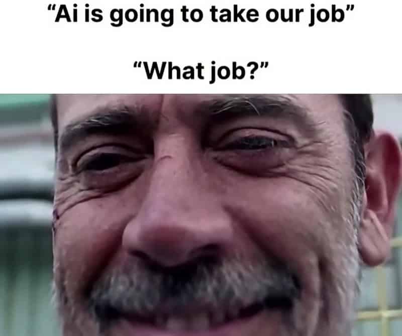 Close-up of a smiling man's face with text about AI taking jobs.