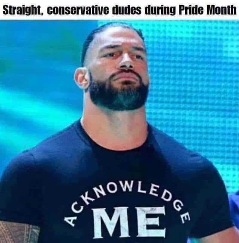 Conservative man during Pride Month with text 'ACKNOWLEDGE ME' on shirt.
