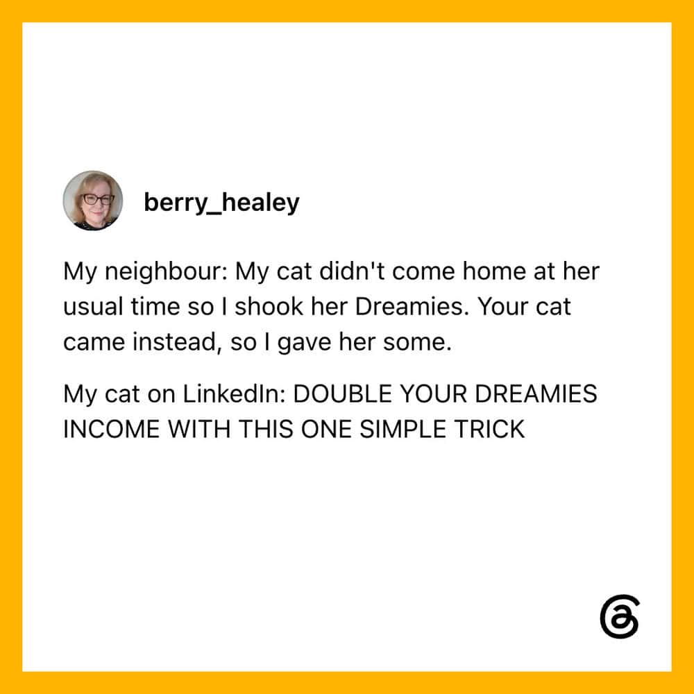 A social media post about a cat and a joke about LinkedIn and Dreamies.