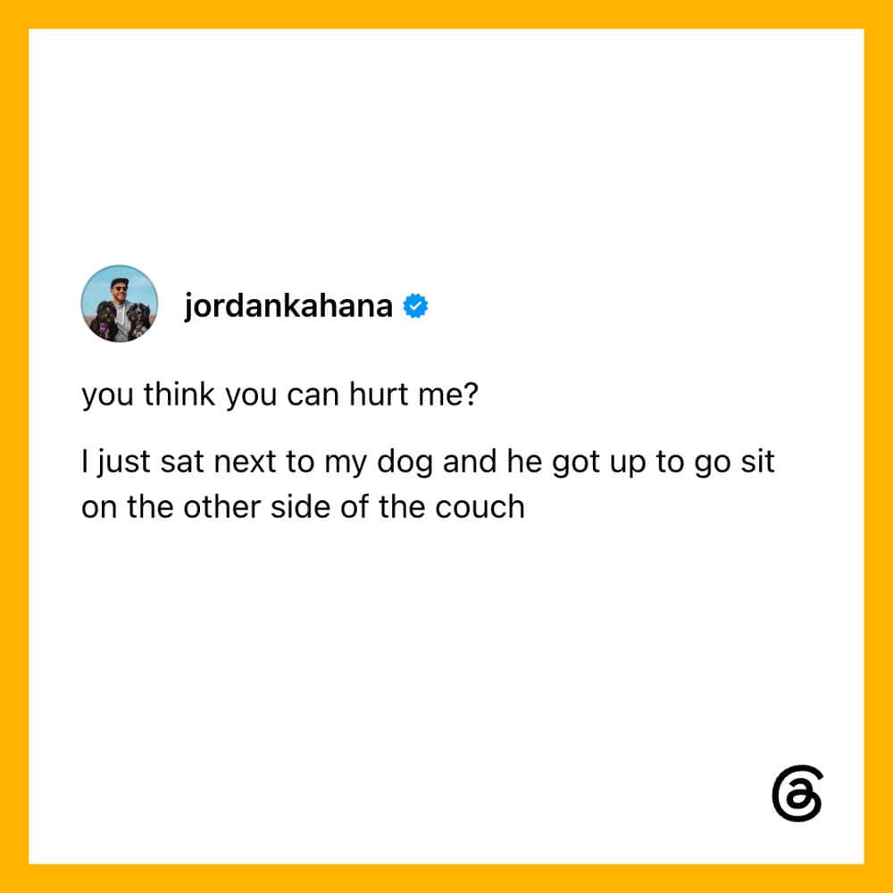 Instagram post by jordankahana: you think you can hurt me? I just sat next to my dog and he got up.