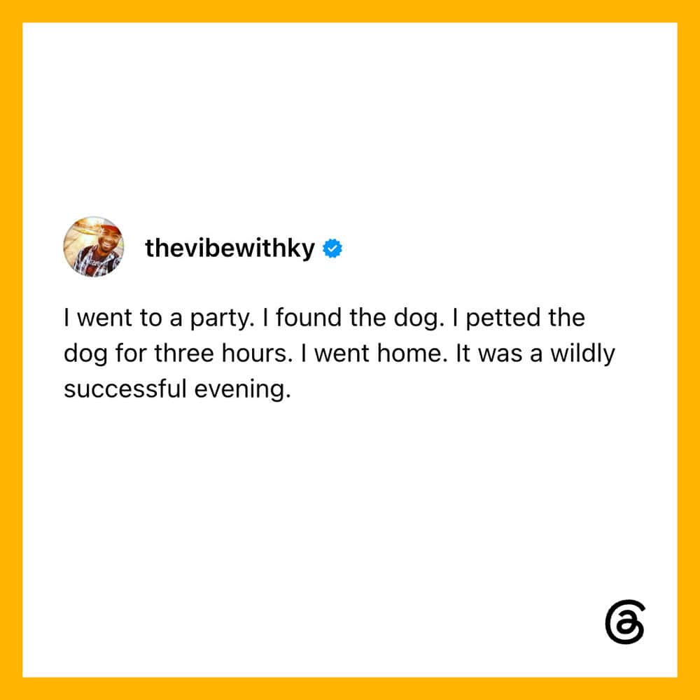 A social media post about finding a dog at a party.