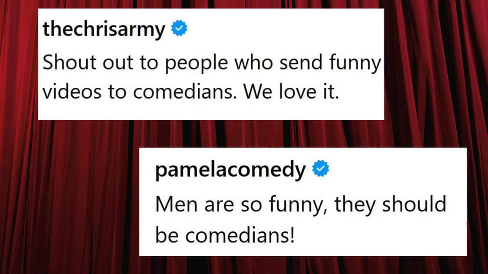 Screenshots of tweets praising comedians and their funny videos.