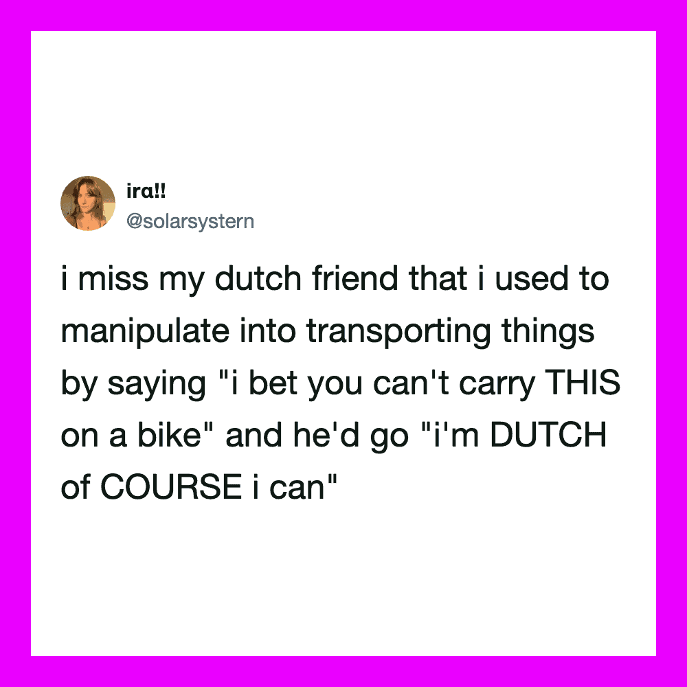Twitter post about missing a Dutch friend who used to manipulate transporting things.