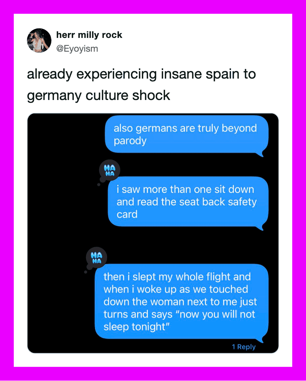 Twitter screenshot of a humorous exchange about Germany and sleep.