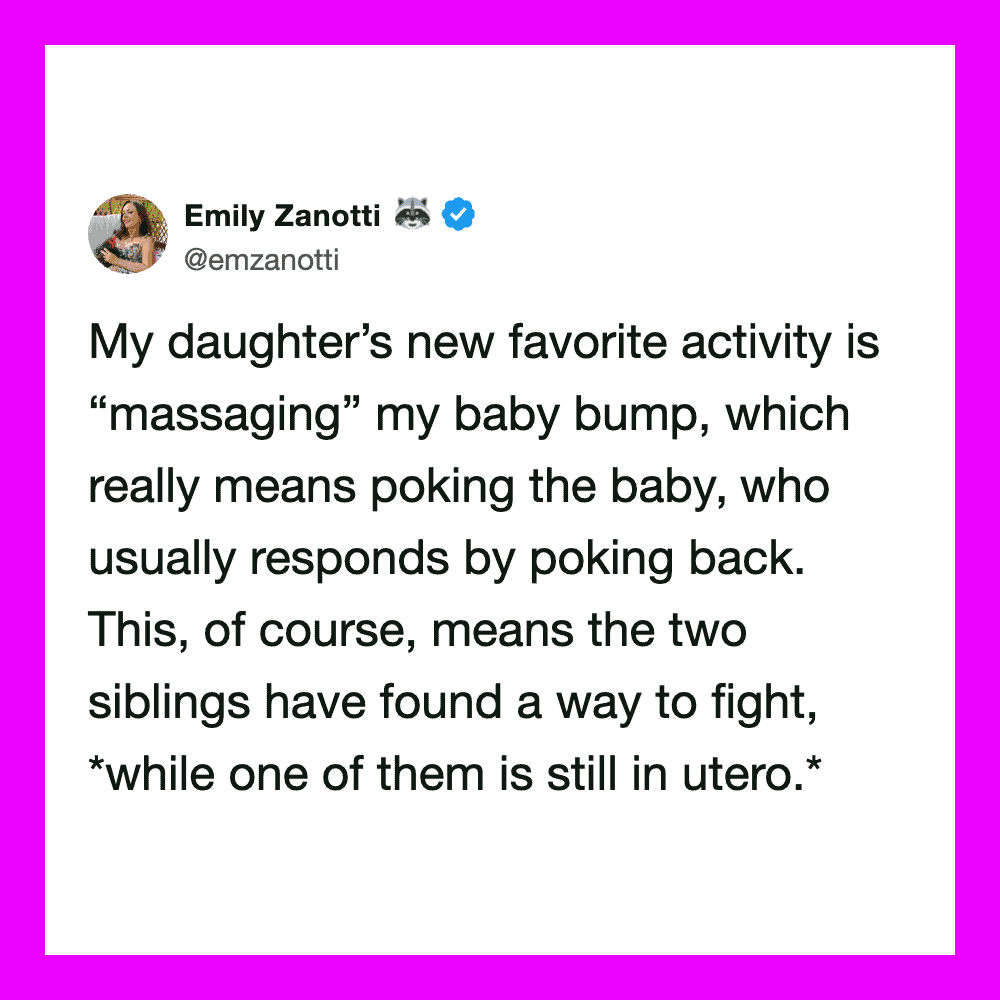Emily Zanotti tweet about her daughter's favorite activity being poking her baby bump.