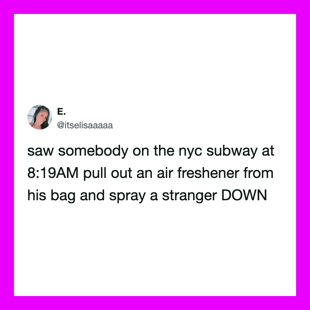 Tweet about NYC subway air freshener incident at 8:19AM.
