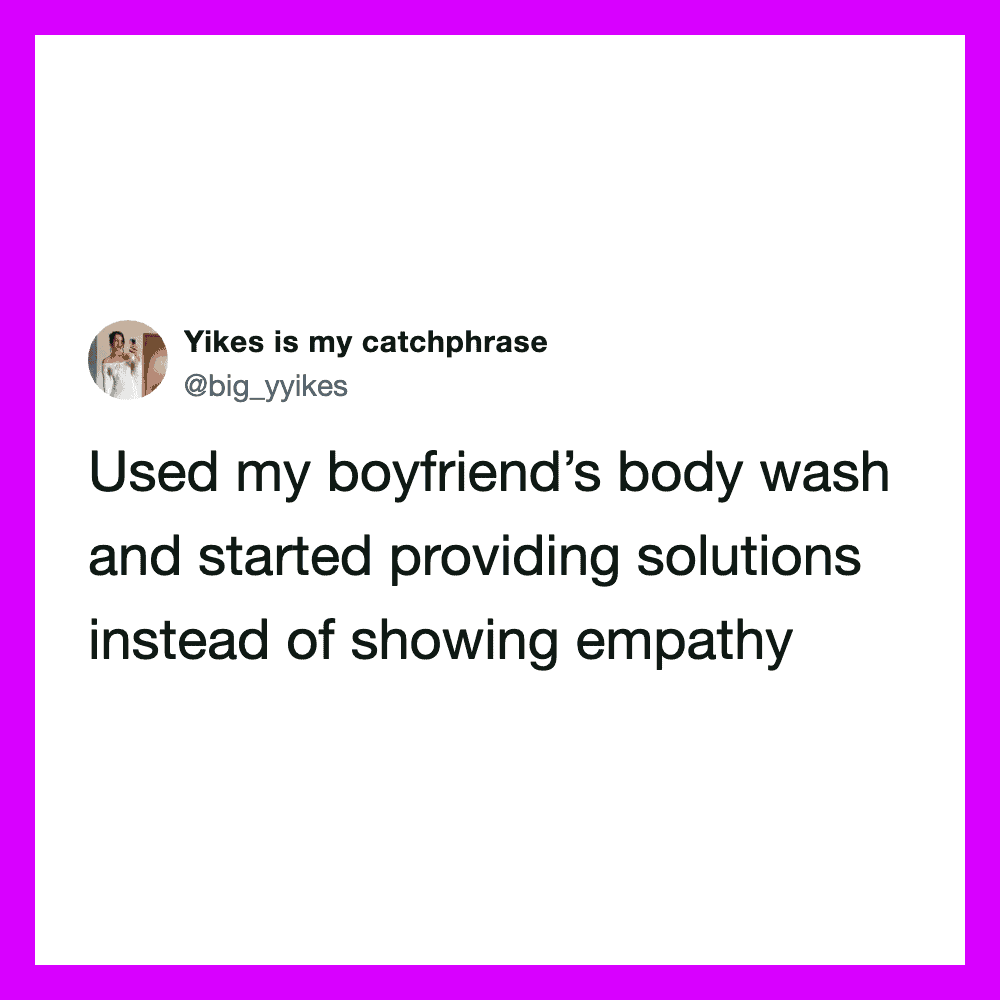 Twitter post by Yikes is my catchphrase about using boyfriend's body wash.