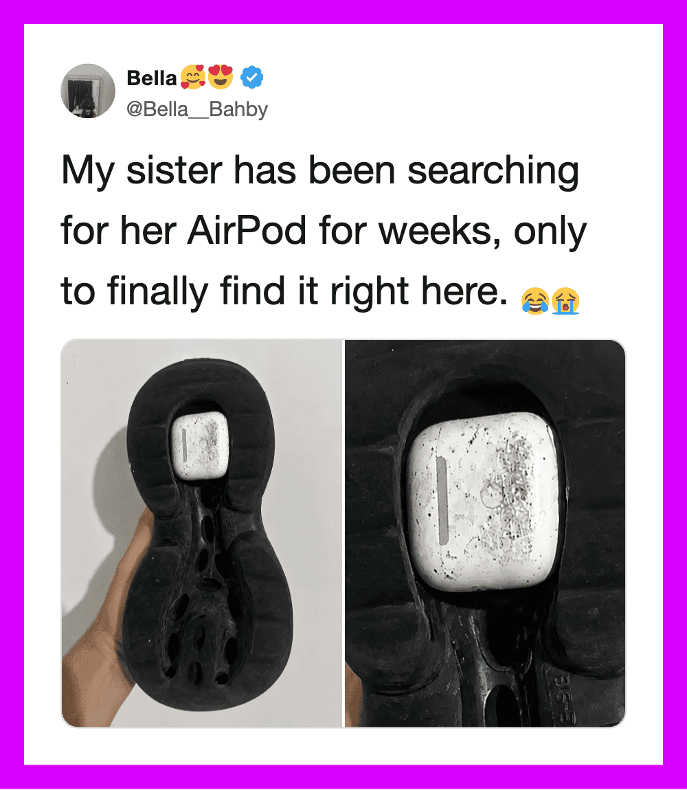 Photo of a black AirPod case with dirt and grime, and a clean white AirPod inside.