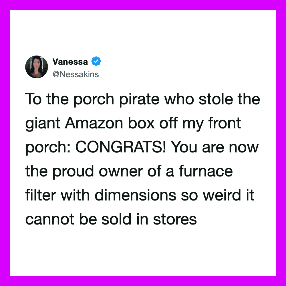 Vanessa's tweet about porch pirate stealing Amazon box, now owning a furnace filter.