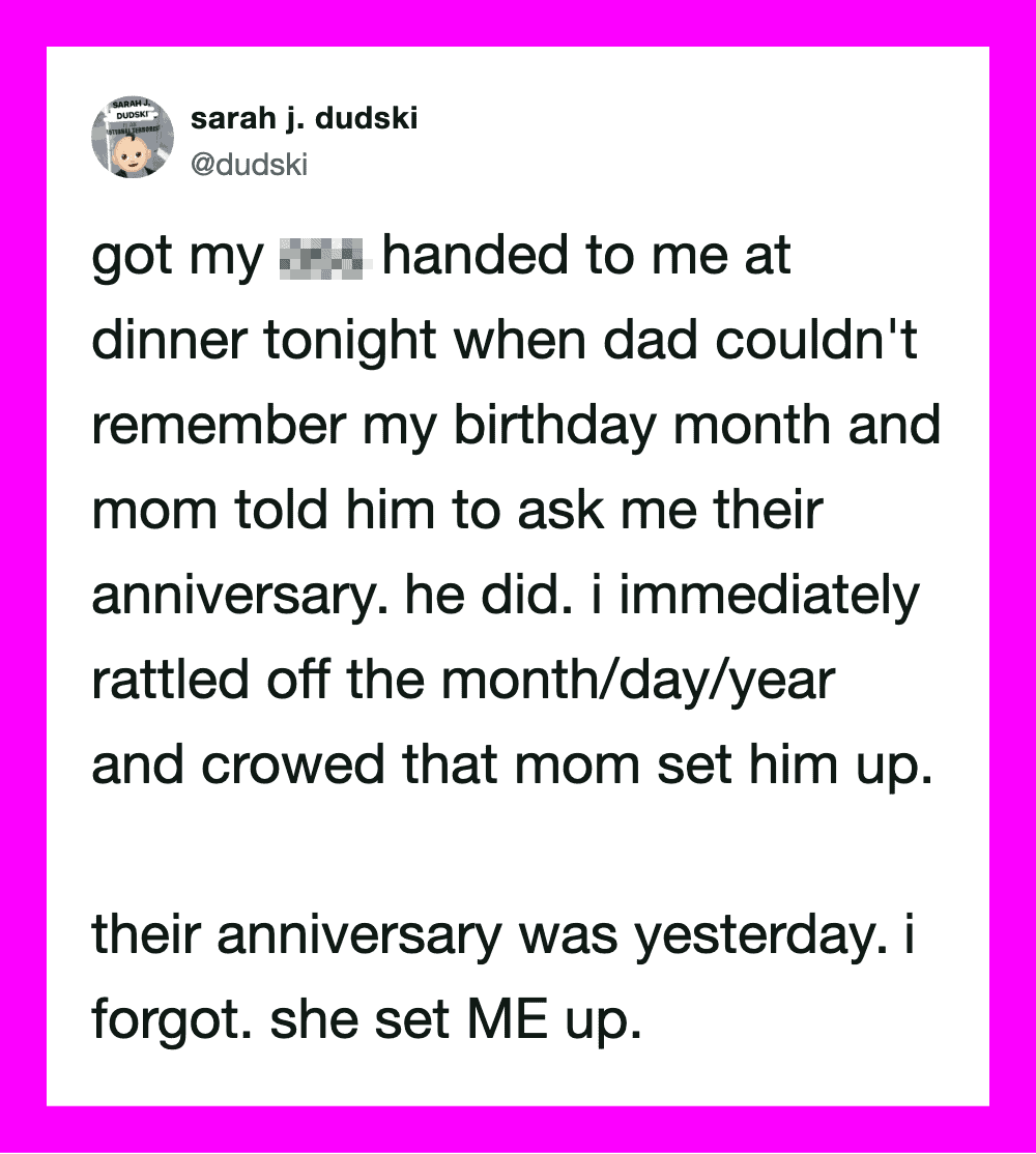 Twitter post about a birthday and anniversary mix-up with a pink border.