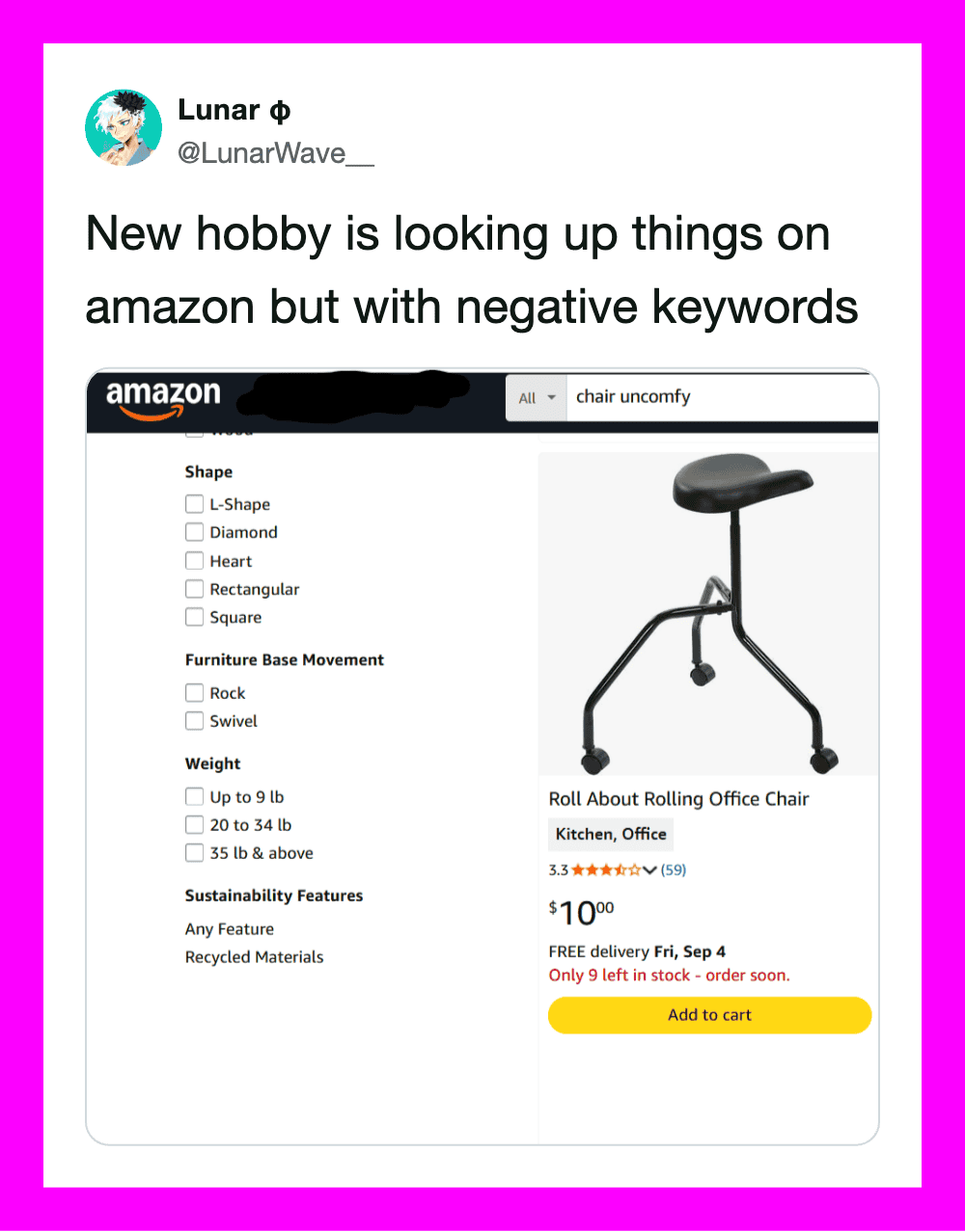 Screenshot of Amazon search for 'chair uncomfy' showing a rolling office chair.