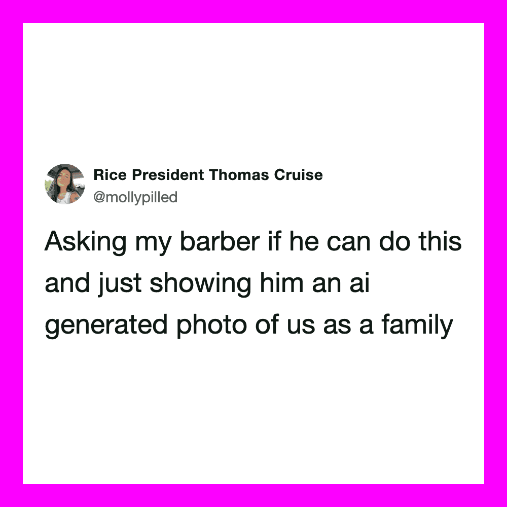 Tweet by Rice President Thomas Cruise about AI-generated family photo.