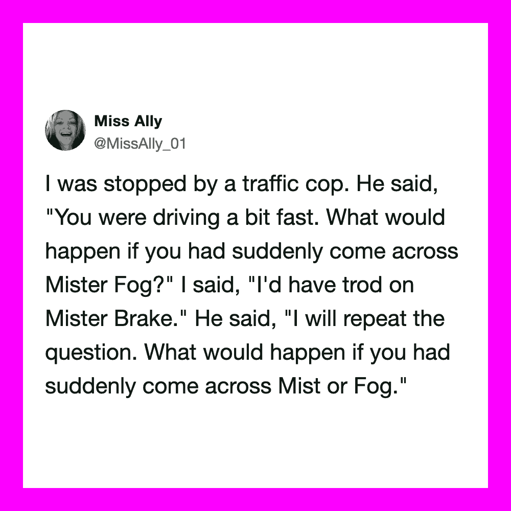 Miss Ally's tweet about traffic cop and fog.