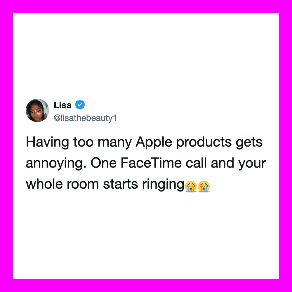 Tweet by Lisa about too many Apple products causing room to ring with crying emojis.