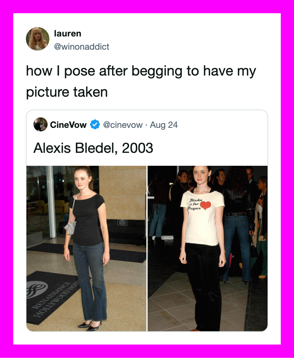Two photos of Alexis Bledel, one in a black top and jeans, the other in a white T-shirt and black sl.