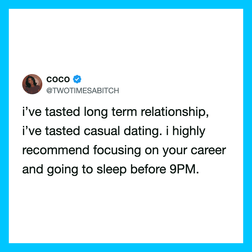 Tweet by Coco about relationships and career advice.