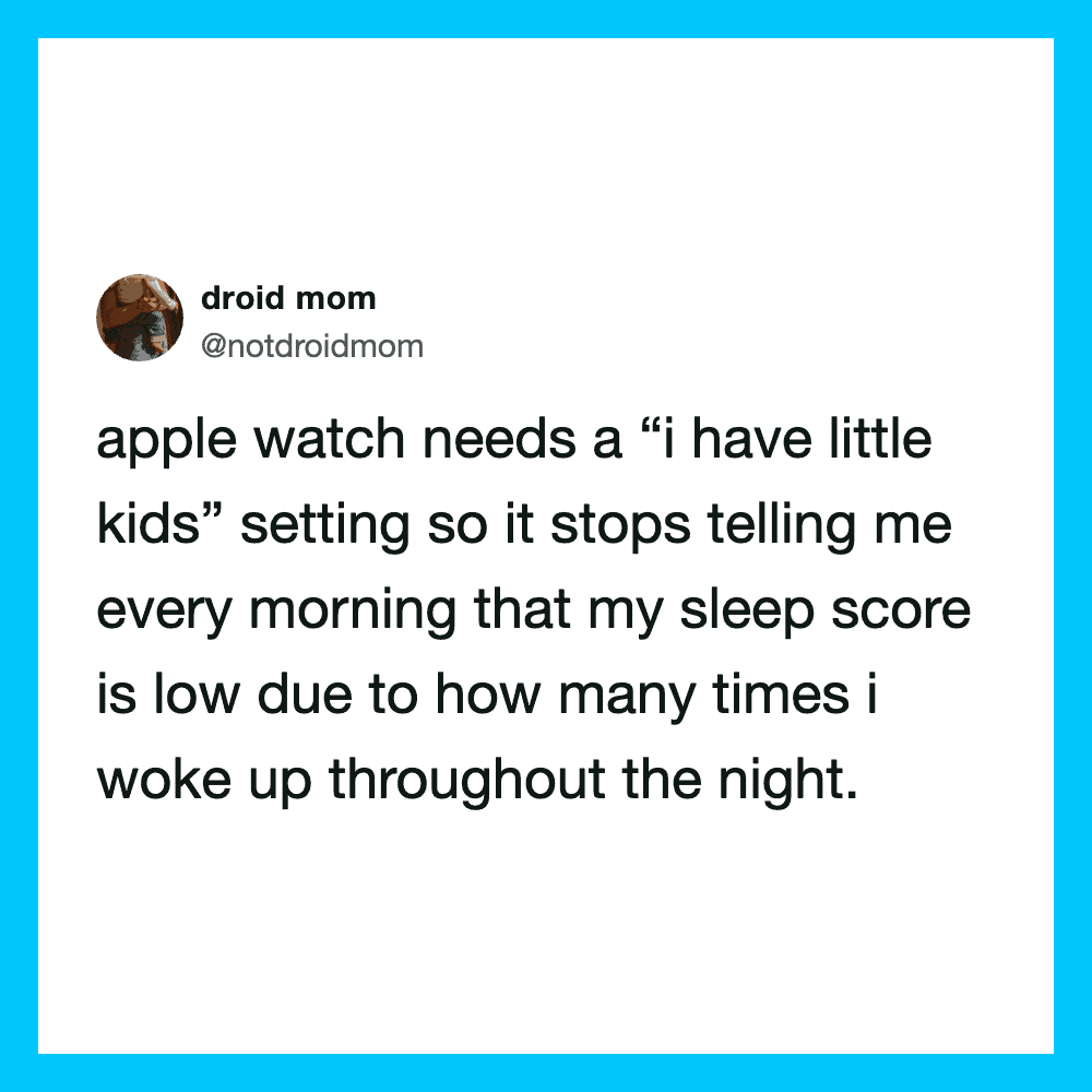 Twitter post by @notdroidmom about Apple Watch and sleep score.
