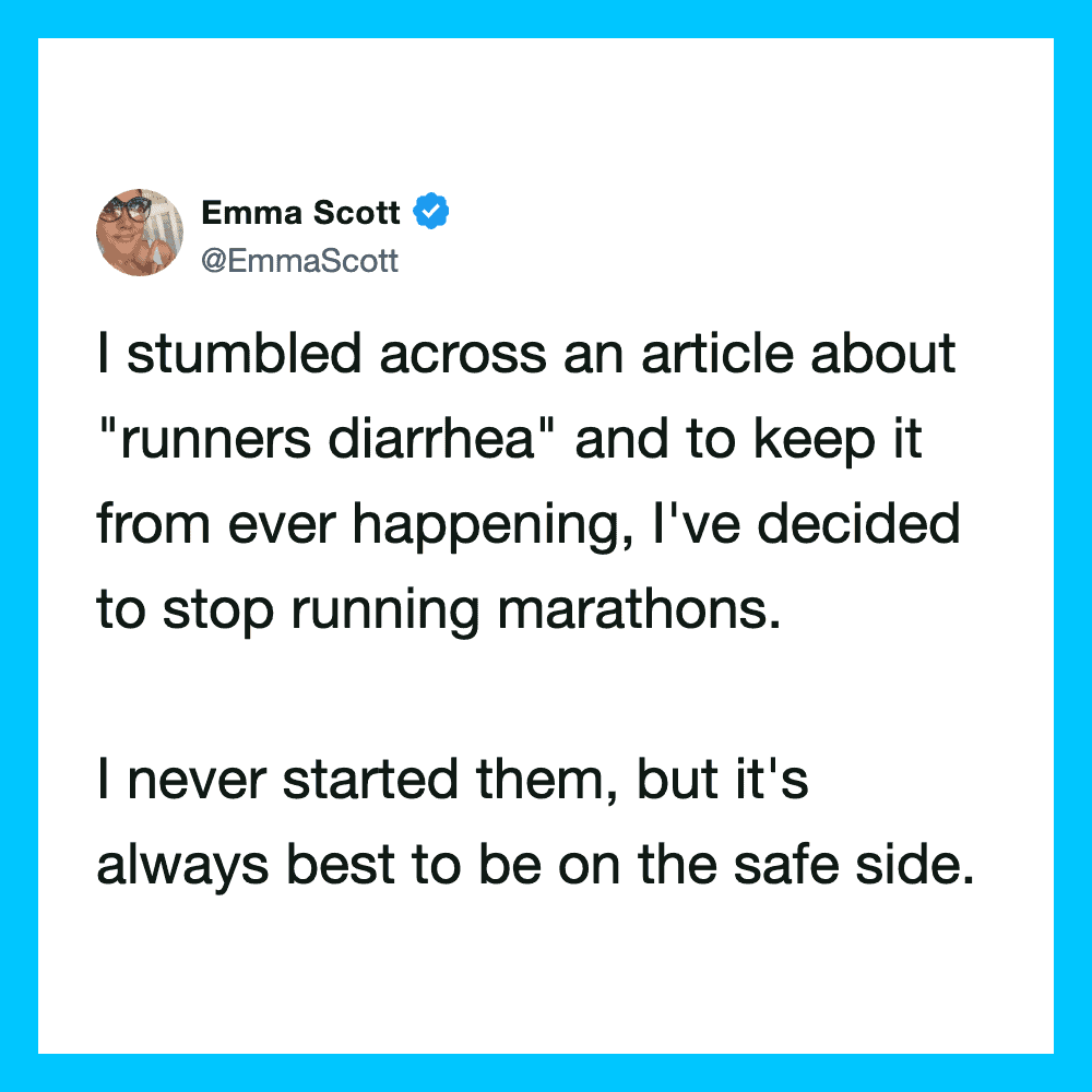 Emma Scott's tweet about stopping marathons to prevent runners' diarrhea.