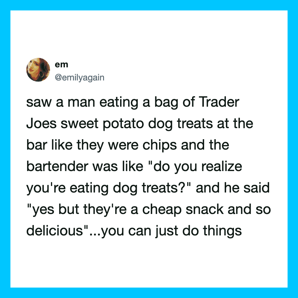 A tweet about a man eating Trader Joe's sweet potato dog treats at a bar.
