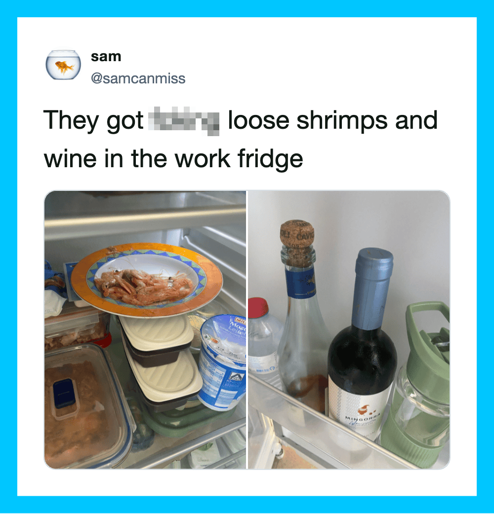 Photo of loose shrimps and wine bottles in a fridge, with a colorful plate and containers.