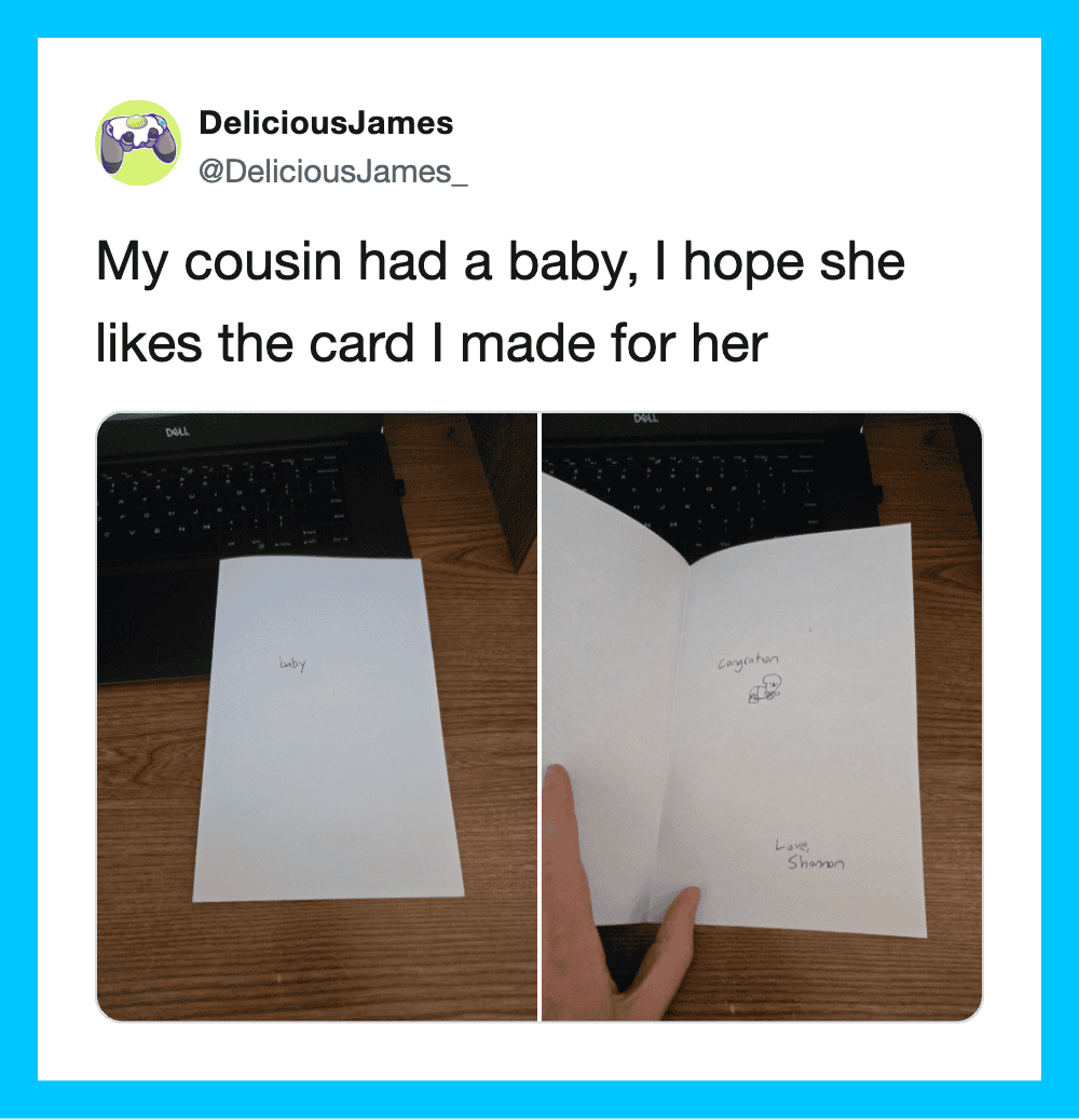 Photo of a blank card and a card with a handwritten message for a new baby.