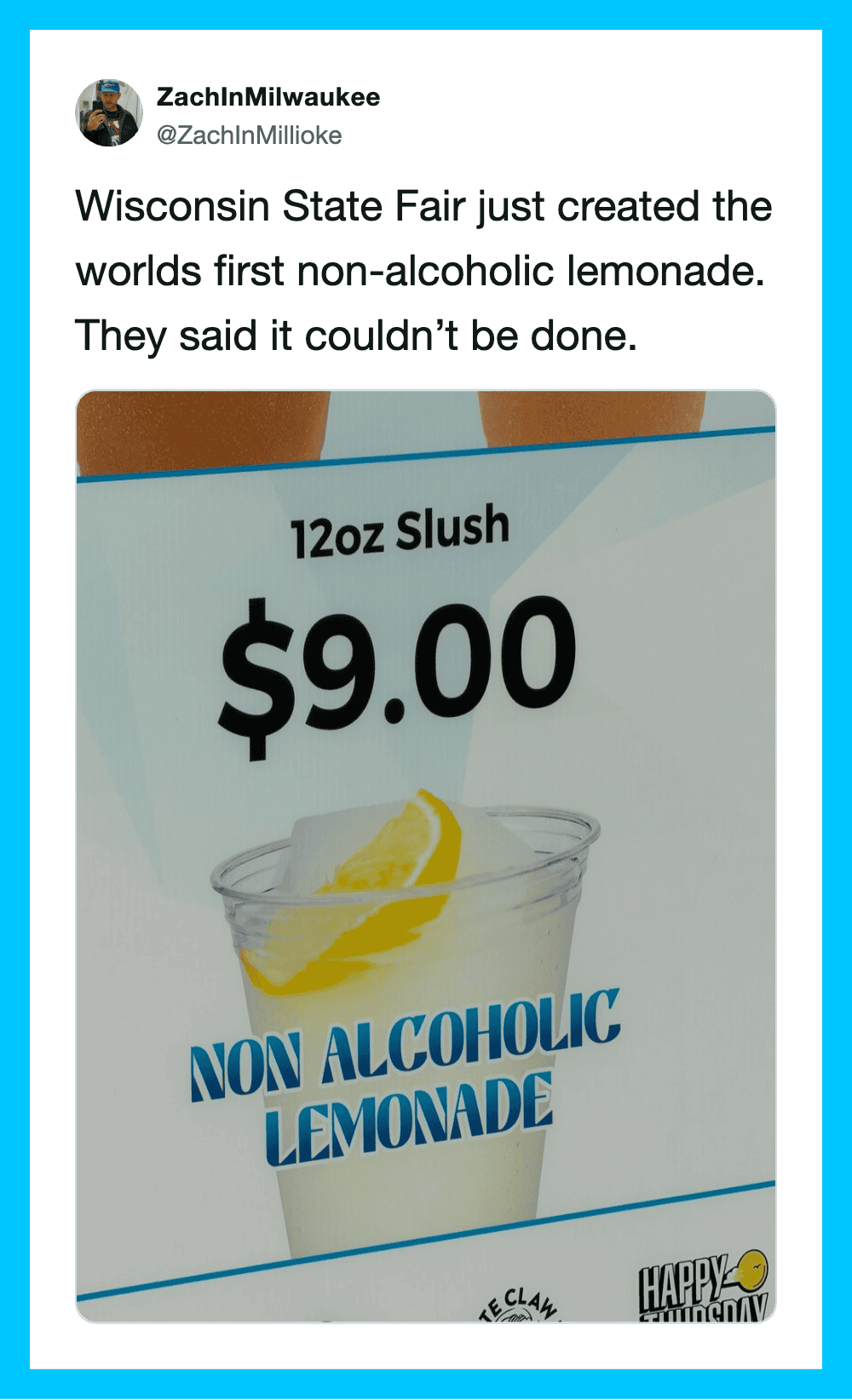 Wisconsin State Fair non-alcoholic lemonade, 12oz Slush, $9.00.