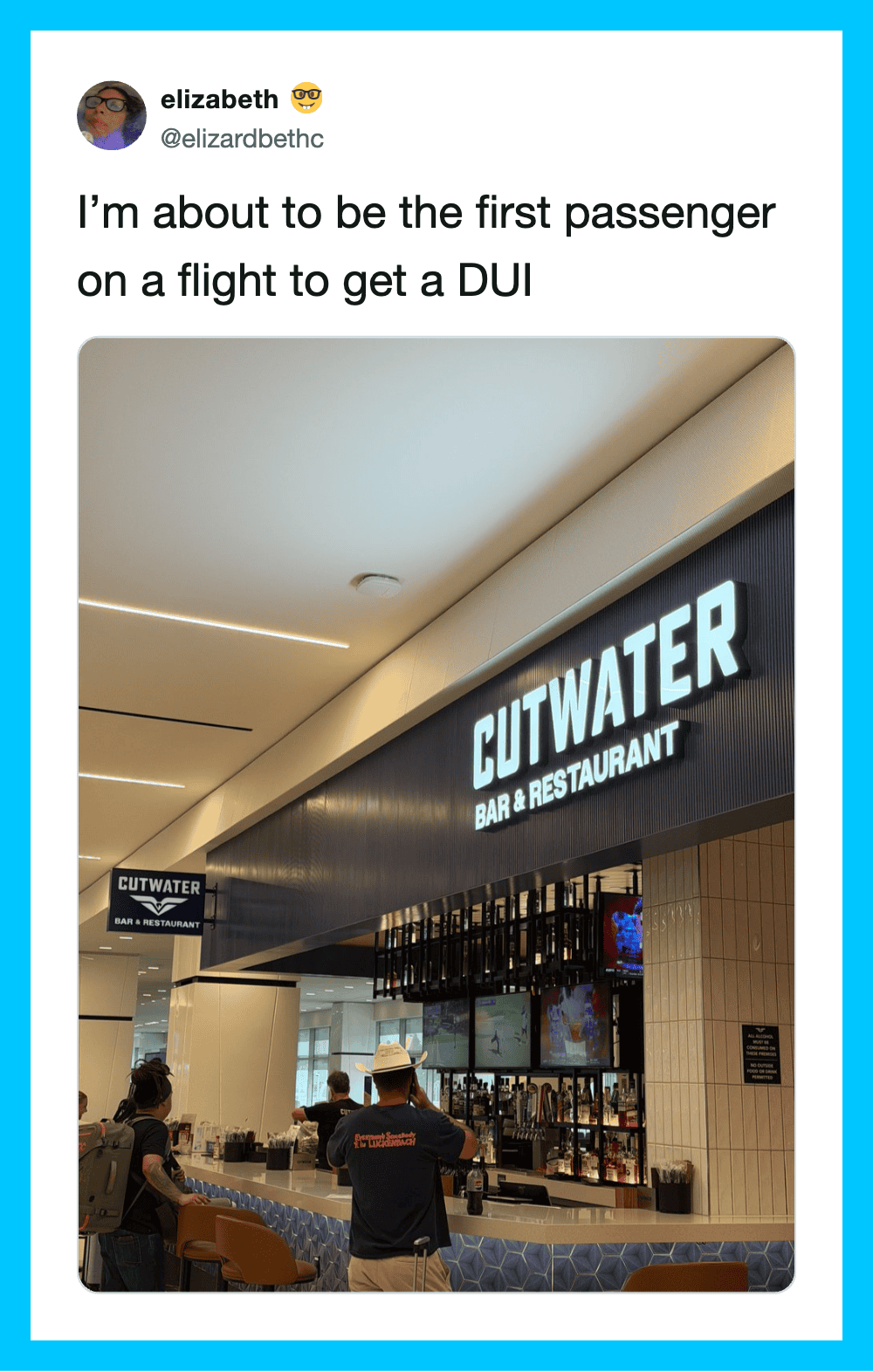 Twitter post about being the first passenger on a flight to get a DUI, showing a bar at an airport.